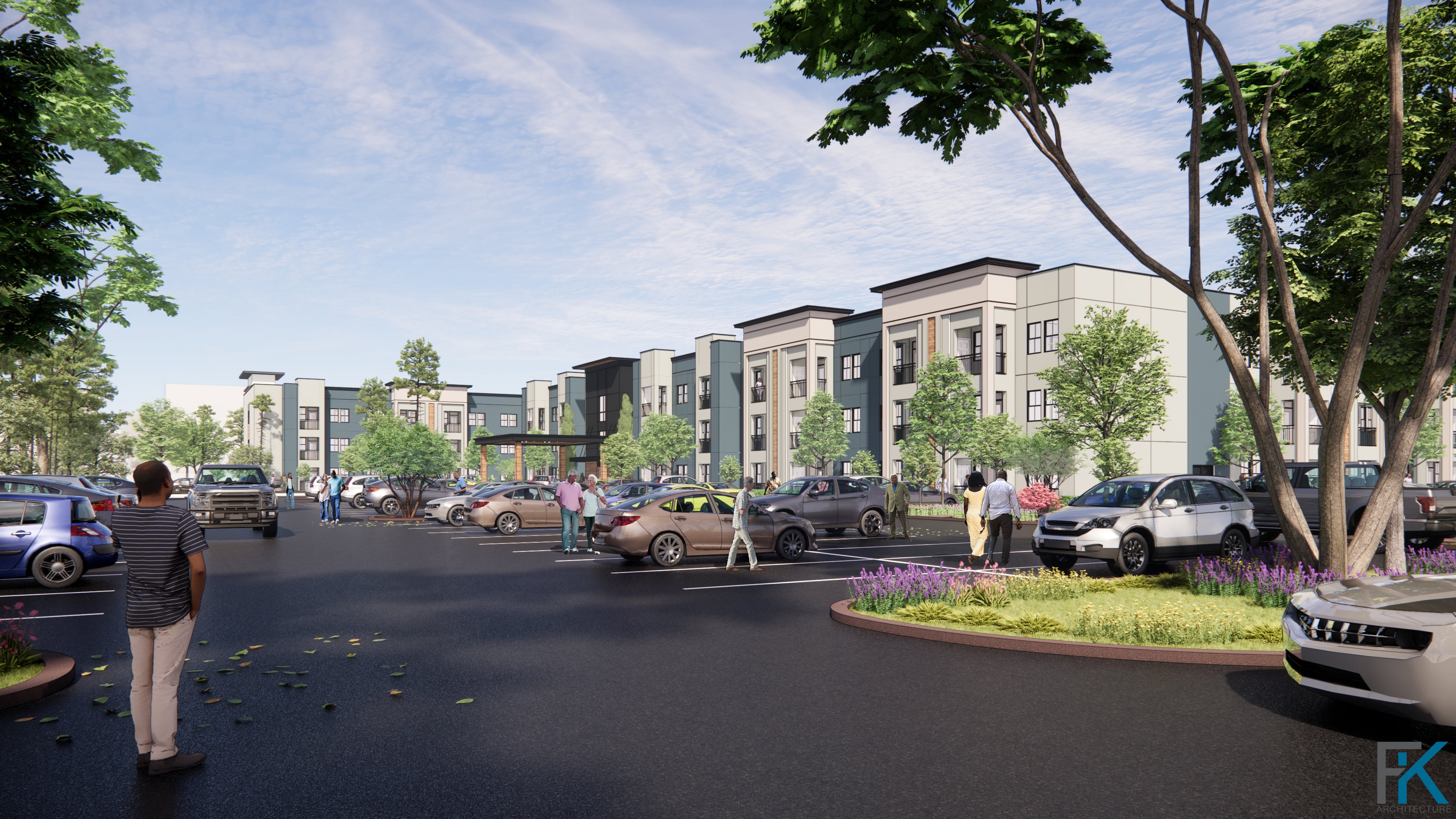 A street view of a residential area with cars parked on the side of the road and people walking on the sidewalk.
